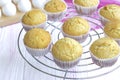 Selective focus. classic homemade muffins are cooled on a wire rack to cool.