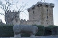 Selective focus closeup of the bench in the castle of Ambles Valley, Avila, Castilla and Leon, Spain