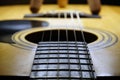 Selective focus closeup of a Classic guitar strings and body Royalty Free Stock Photo