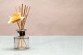 Selective focus closeup of a scented reed diffuser with a flower on a peach background