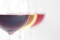 Selective focus closeup shot different colors of wine in glasses Royalty Free Stock Photo