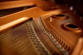 Selective focus closeup view on hammers and strings inside grand piano Royalty Free Stock Photo