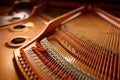 Selective focus closeup view on hammers and strings inside grand piano Royalty Free Stock Photo