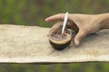 selective focus cocoa powder in a cup of black coffee in the hand of a man in the morning There is space for text Royalty Free Stock Photo