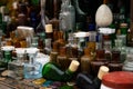 selective focus, colored glass bottles from perfume Royalty Free Stock Photo