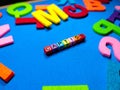 Selective focus.Colorful dice with word CAPTION on blue background.Shot were noise and film grain.