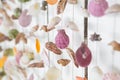 Selective focus of Colorful Mobile Shell on white wooden background