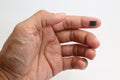 Selective focus on computer chip on finger on white background. Royalty Free Stock Photo