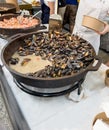 selective focus on counter selling mussels on market tray