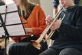 Kid Playing Trumpet In School Orchestra Royalty Free Stock Photo