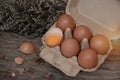 In selective focus of the Crushed egg in tray Royalty Free Stock Photo