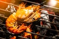 Selective Focus Delicious prawn spit on grill with flames in background.grilling shrimp on skewer on grill. Royalty Free Stock Photo