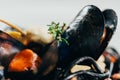 selective focus of delicious spaghetti with cuttlefish ink, squid and mussels Royalty Free Stock Photo