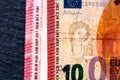 Selective focus on detail of euro banknotes. Close up macro detail of money banknotes, 10 euro isolated. World money concept, Royalty Free Stock Photo