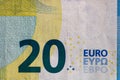 Selective focus on detail of euro banknotes. Close up macro detail of money banknotes, 20 euro isolated. World money concept, Royalty Free Stock Photo