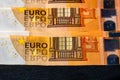 Selective focus on detail of euro banknotes. Close up macro detail of money banknotes, 50 euro isolated. World money concept, Royalty Free Stock Photo