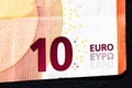 Selective focus on detail of euro banknotes. Close up macro detail of money banknotes, 10 euro isolated. World money concept, Royalty Free Stock Photo