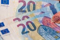 Selective focus on detail of EURO banknotes. Counting or giving EURO banknotes. World money concept, inflation and economy concept Royalty Free Stock Photo