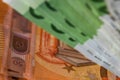 Selective focus on detail of EURO banknotes. Counting or giving EURO banknotes. World money concept, inflation and economy concept Royalty Free Stock Photo