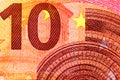 Selective focus on the detail of 10 EURO banknotes. World money, inflation, and money concept