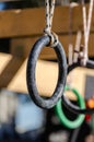 selective focus. detail of the rings of one of the obstacles of an obstacle race course, ocr Royalty Free Stock Photo