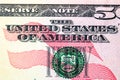 Selective focus on detail of USD banknotes. Close up macro detail of United States Dollars banknotes. World money concept,