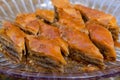 Selective focus of diamond shape homemade Turkish baklava in a glass plate. Baklava with walnut. Cevizli baklava in Turkish Royalty Free Stock Photo