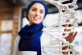 Selective focus of DNA model in hands of muslim student Royalty Free Stock Photo