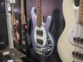 Lynnwood, WA USA - circa May 2022: Selective focus on electric and acoustic bass guitars for sale inside a Guitar Center musical Royalty Free Stock Photo