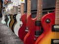 Lynnwood, WA USA - circa May 2022: Selective focus on electric guitars for sale inside a Guitar Center musical instrument store Royalty Free Stock Photo