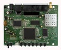 Selective focus electronic circuit board PCB with components: microchip, processor, integrated circuits, capacitors