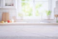 Selective focus.Elegance product display background with marble top with kitchen wall window garden in morning.minimal counter