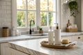 Selective Focus: Elegance Product Display Background with Marble Top and Kitchen Wall Window Garden in Morning Royalty Free Stock Photo