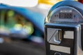 Selective focus on an expired parking meter with no time left. Royalty Free Stock Photo