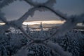 Selective focus, fencing mesh being frozen and icy in mountains during winter time in Borowa Gora, Walbrzych Royalty Free Stock Photo