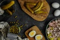 selective focus, flat lay, ingredients for Olivier salad