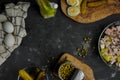 selective focus, flat lay, ingredients for Olivier salad Royalty Free Stock Photo