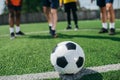 selective focus of football ball and multicultural elderly men on green