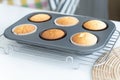 Selective focus on fresh baked cupcakes on baking tray from oven on rack ready for decorating in paper cups on white table Royalty Free Stock Photo