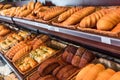 selective focus of freshly baked various bread in pastry department of