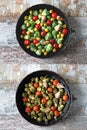 Before and after cooking. Baked Brussels sprouts in a pan with cherry tomatoes, garlic and olives. Vegan food. Diet concept. Autu.