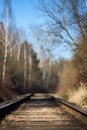 Selective focus on going straight railway abandoned rusty near spring forest. Empty turning single track of railways Royalty Free Stock Photo