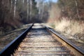 Selective focus on going straight railway abandoned rusty near spring forest. Empty turning single track of railways Royalty Free Stock Photo