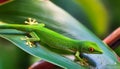 A selective focus of a green Comorian day gecko on a leaf Royalty Free Stock Photo