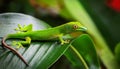 A selective focus of a green Comorian day gecko on a leaf Royalty Free Stock Photo