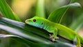 A selective focus of a green Comorian day gecko on a leaf Royalty Free Stock Photo