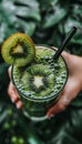 Selective focus on green kiwi smoothie detox diet vegetarian food for healthy eating