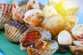 Selective focus of grilled scallops shells.