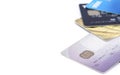 Selective focus of group of multi colored bank credit cards on white background Royalty Free Stock Photo