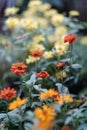 Selective focus of a group of orange Zinnia flower